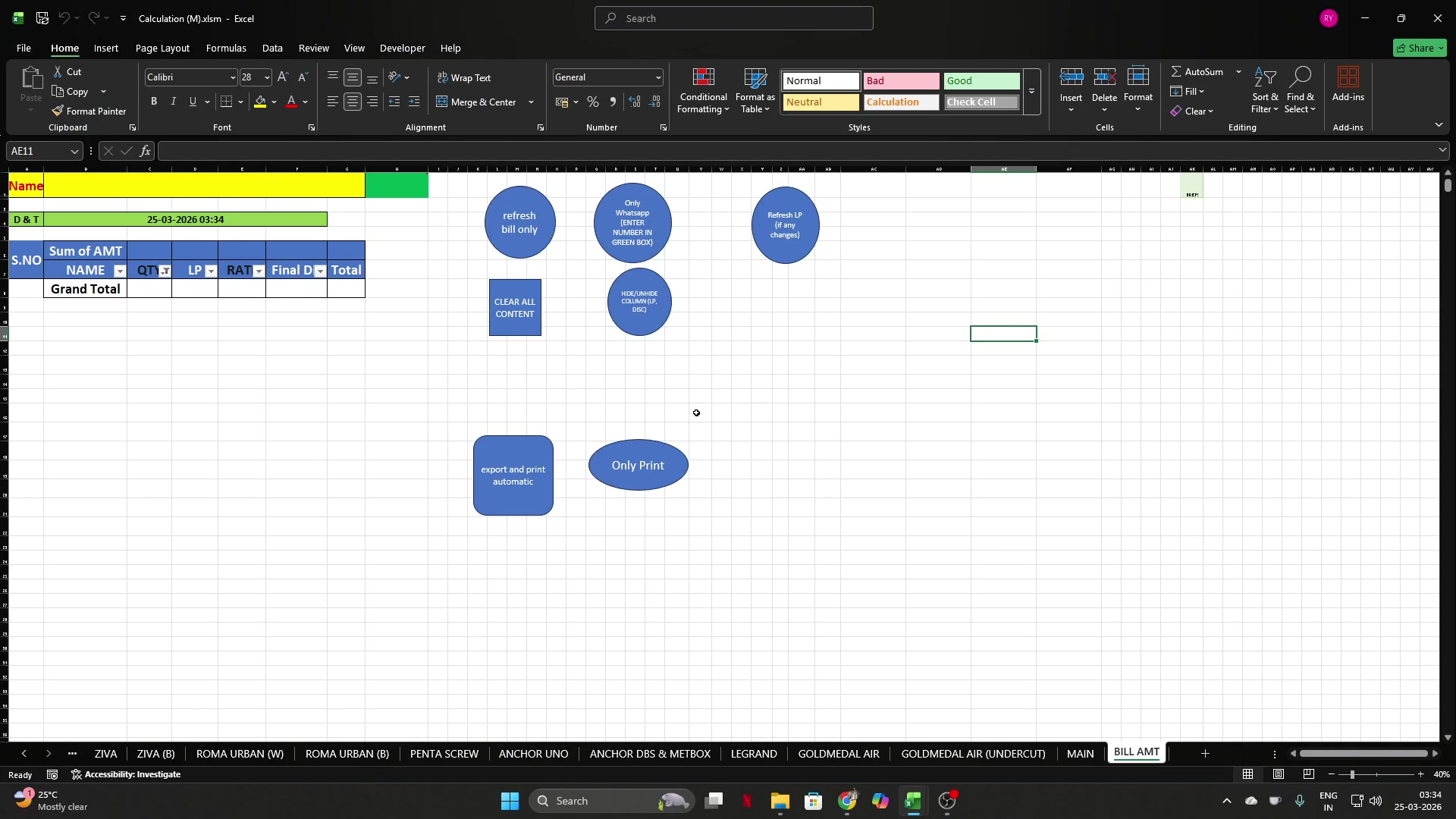 Quotation builder dashboard with macro buttons for refresh, WhatsApp, export, and print