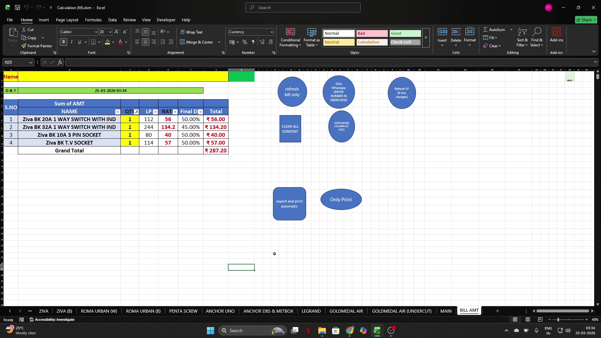 Bill amount summary consolidating selected items across brands with grand total