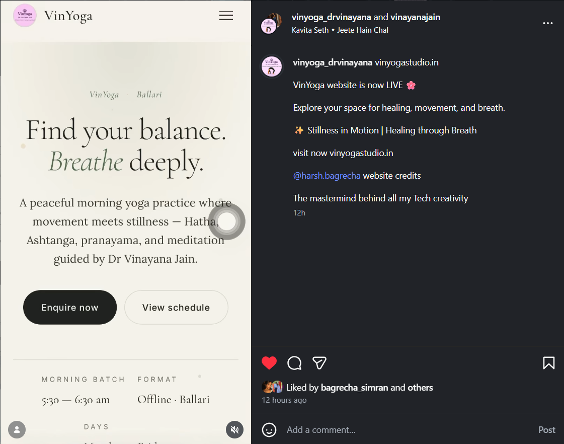 Vinayana's Instagram post launching the VinYoga website with credit to Nexvia